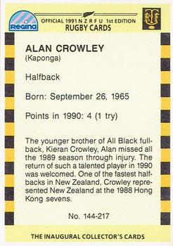 1991 Regina NZRFU 1st Edition #144 Alan Crowley Back